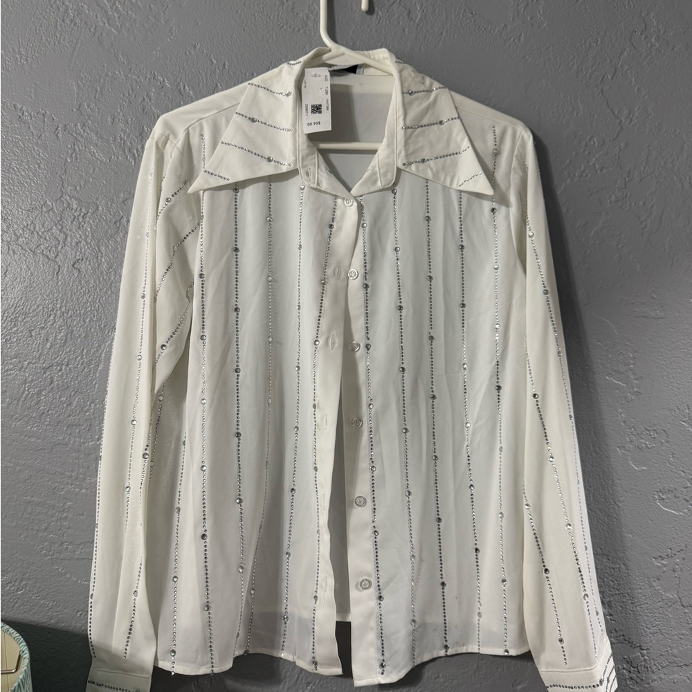 White Bedazzled Striped Button-Up Shirt